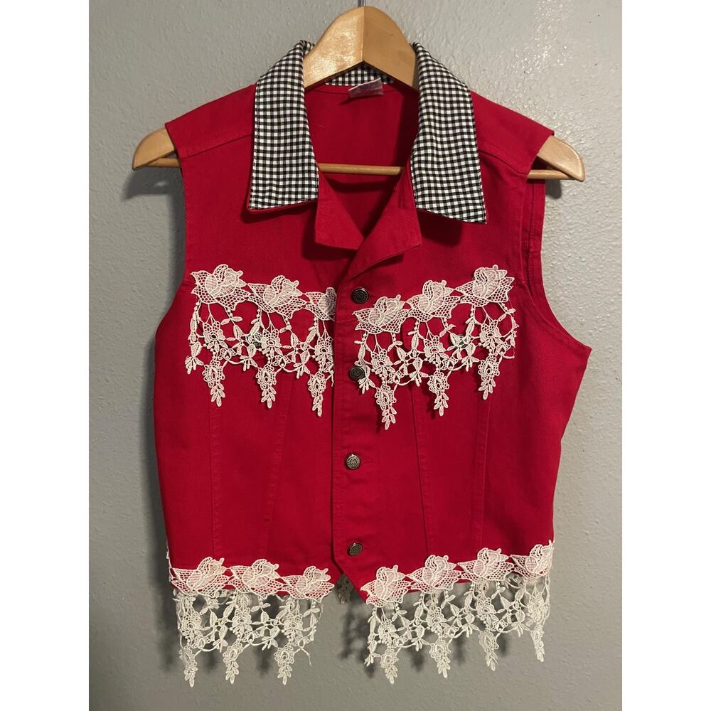 VTG Watch L.A. Vest Womens Medium Red Crochet Lace Gingham Button Up Cropped 90s